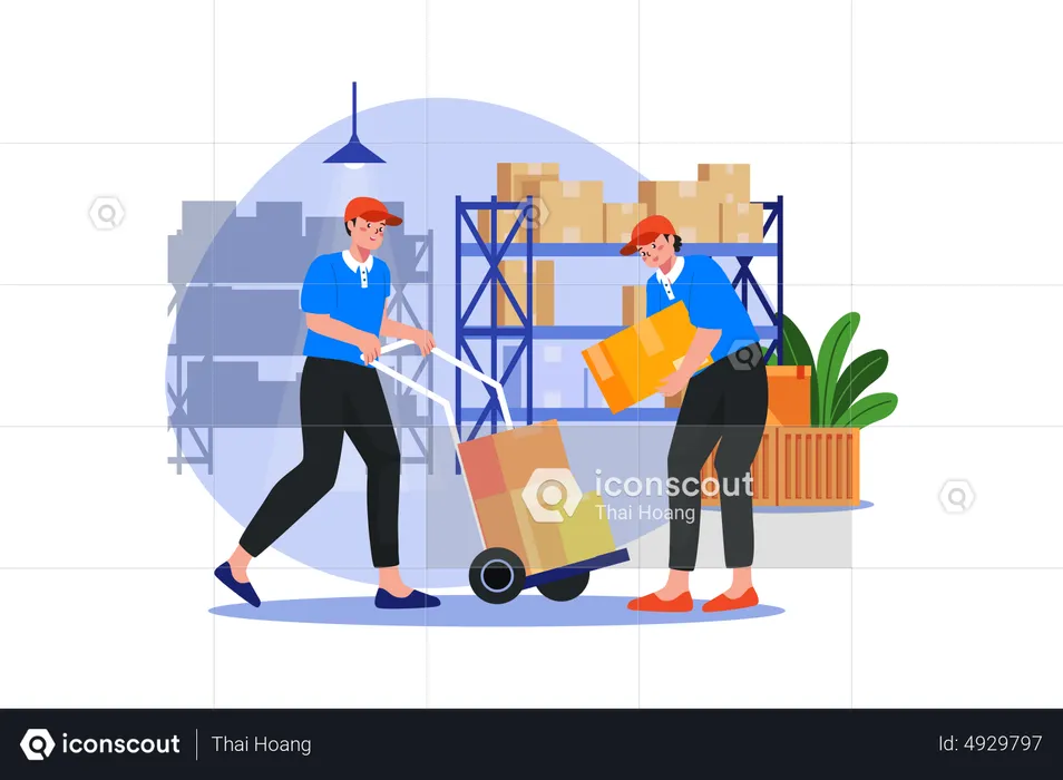 Warehouse workers arranging boxes  Illustration