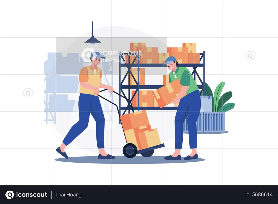 Warehouse workers arranging boxes  Illustration