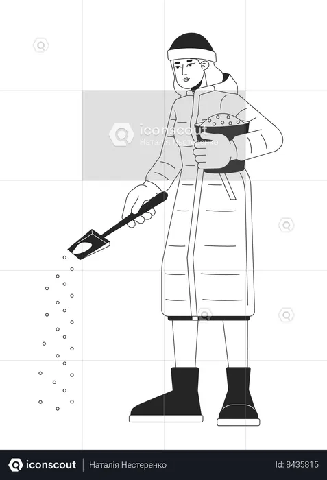 Warm clothes woman treating ice on sidewalk  Illustration