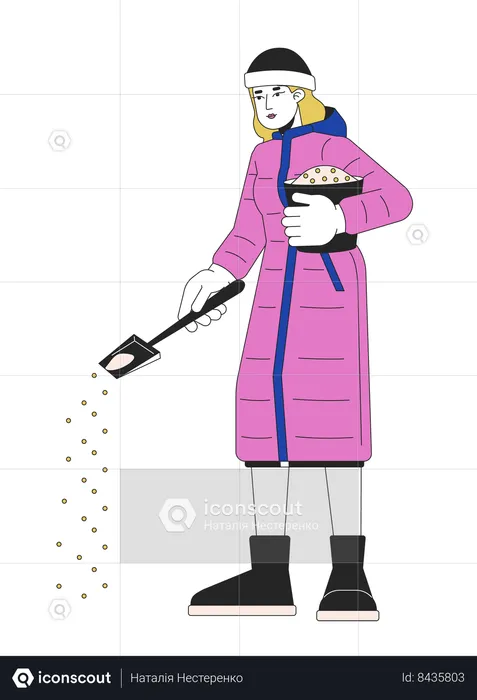 Warm clothes woman treating ice on sidewalk  Illustration