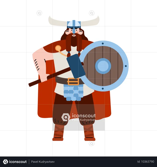 Warrior viking in horned helmet and holding weapon  Illustration