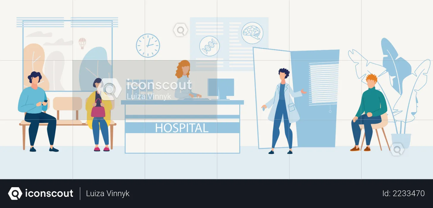 Warten auf die ärztliche Untersuchung im Krankenhaus  Illustration