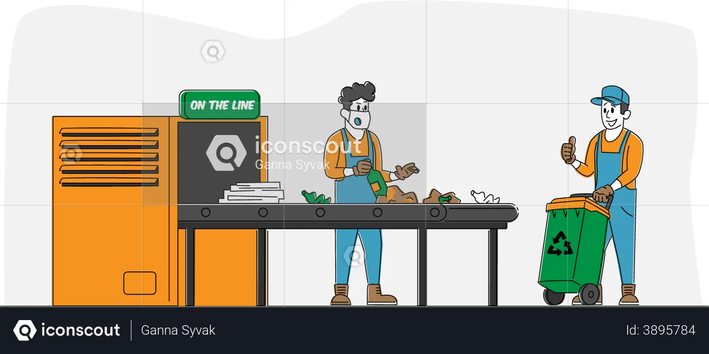 Wastes Recycling Technological Process. Workers Characters in Robe Select and Sort Litter at Factory Conveyor Belt. Man with Recycle Litter Bin, Manufacturing. Linear People Vector Illustration  Illustration