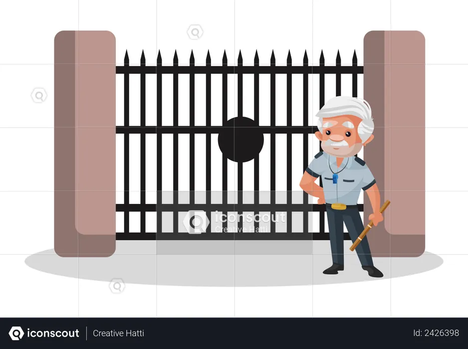 Watchman standing outside gate  Illustration