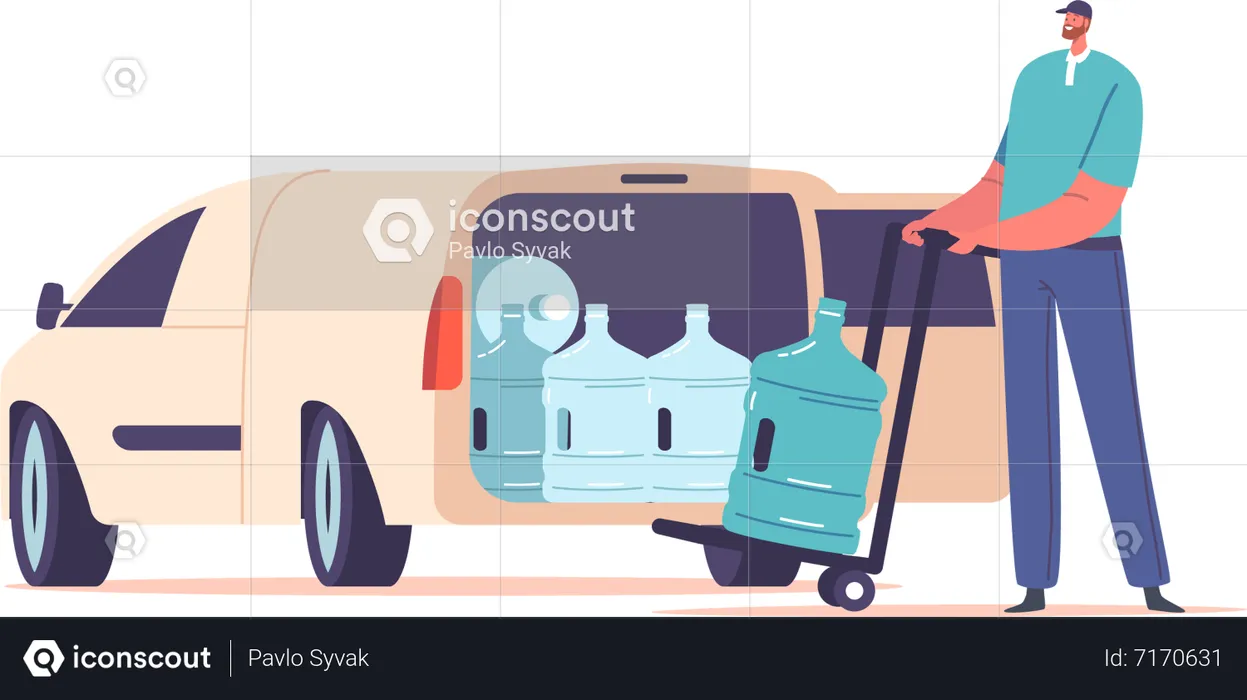 Water Delivery Company Employee on Van Pushing Trolley with Plastic Water Bottles  Illustration