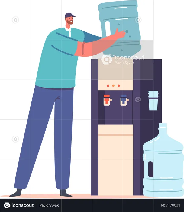 Water delivery Worker Installing Water Balloon On Cooler  Illustration