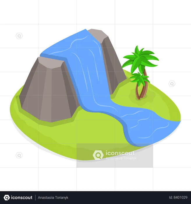 Waterfall flowing down from hills on island  Illustration