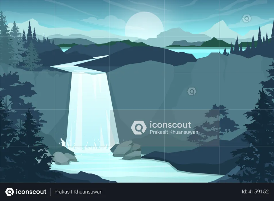Waterfall in mountain range  Illustration