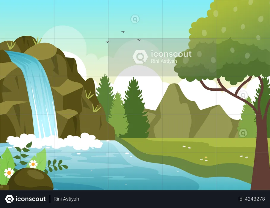 Waterfall Jungle Landscape  Illustration