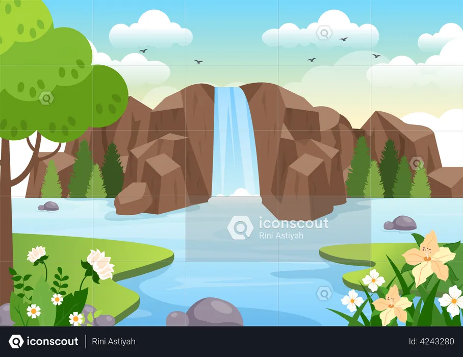 Waterfall stream in rainforest  Illustration