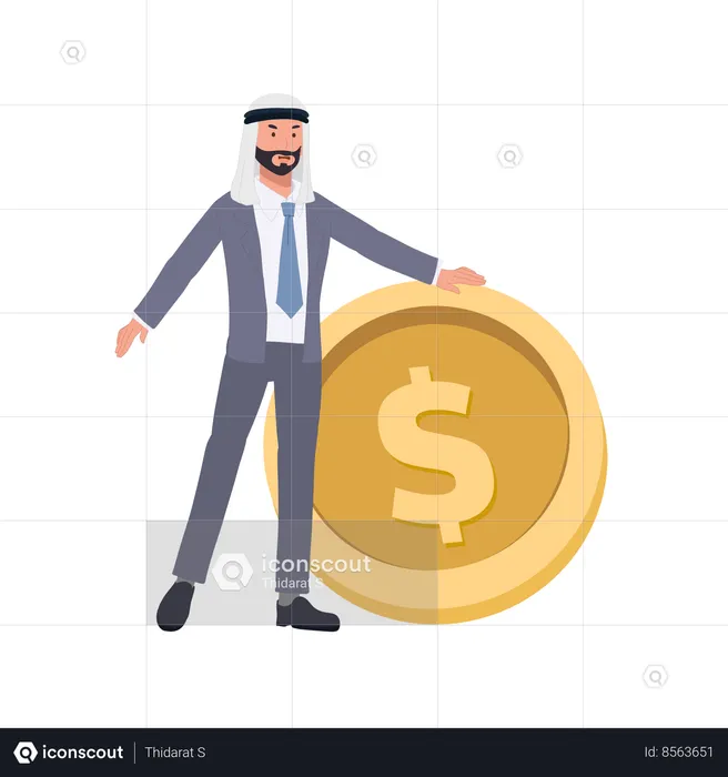 Wealth and Success with Professional Arab Man in Suit near Big Golden Coin  Illustration