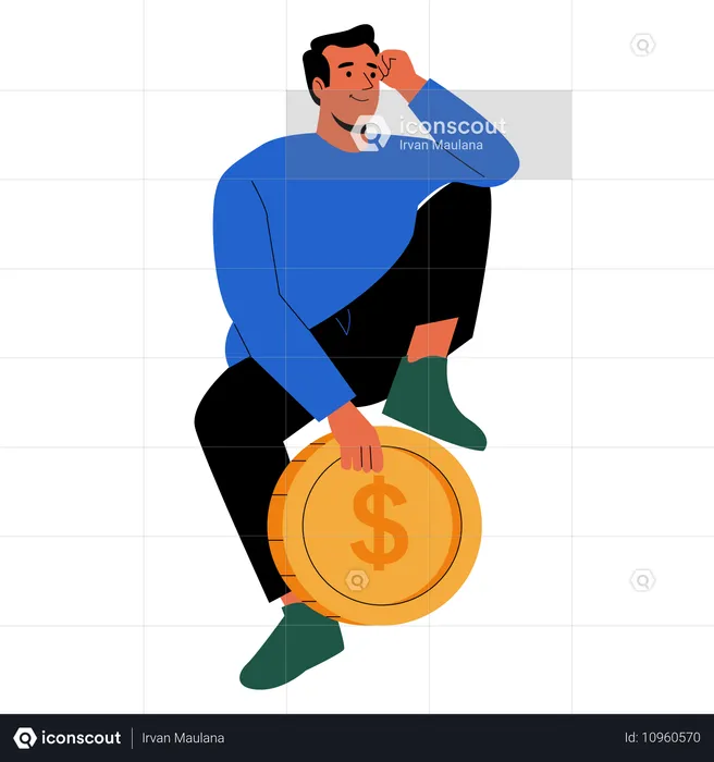 Wealth Man sit with Dollar Coin  Illustration