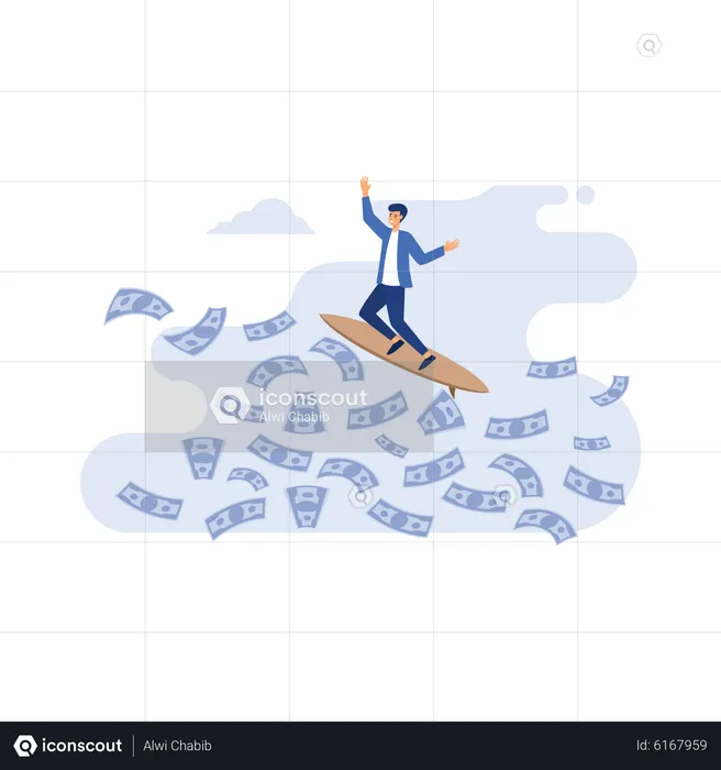 Wealthy businessman surfing on money  Illustration