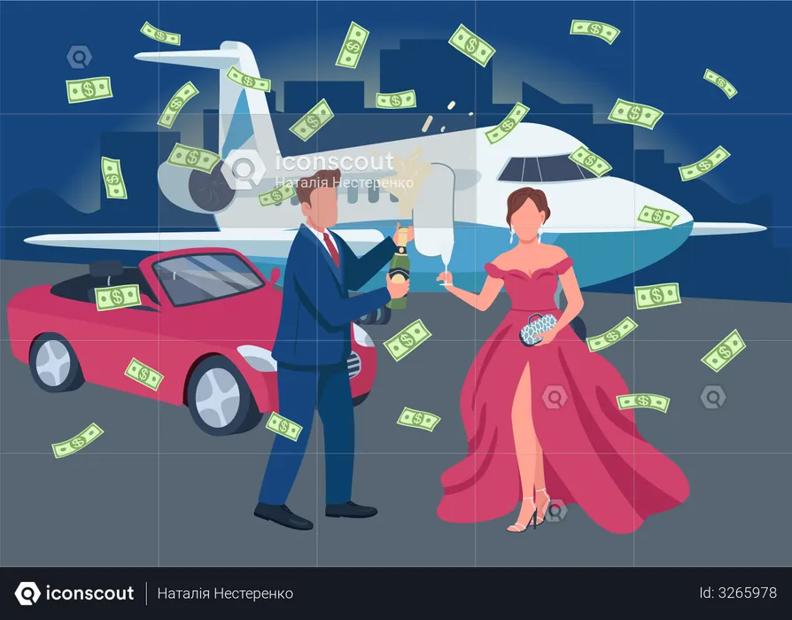 Wealthy couple opening champagne bottle  Illustration