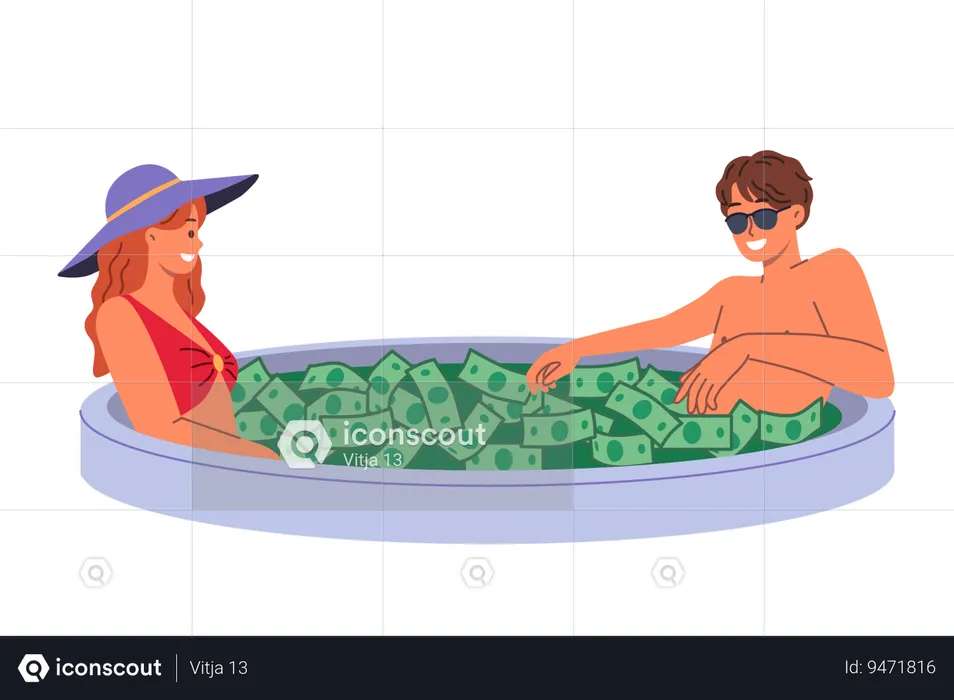 Wealthy couple swims in pool filled with money enjoying luxury of high investment returns  Illustration