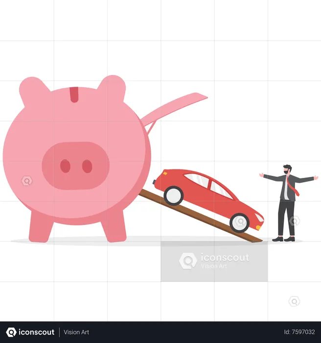 Wealthy piggy bank open container loading deliver new car to new owner  Illustration