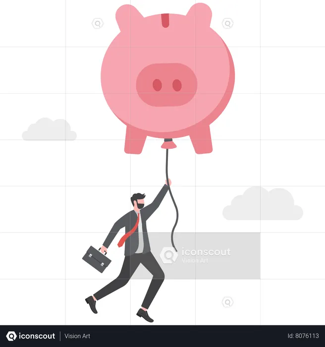 Wealthy rich businessman floating high in the sky with a piggy bank balloon  Illustration