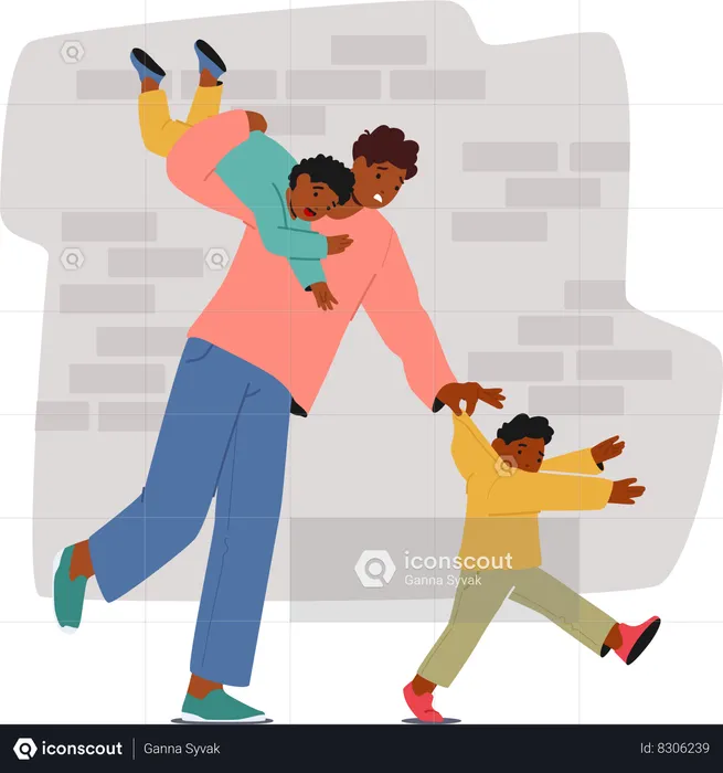 Weary Black Father Character Carries His Kid on Shoulder and Holding another One On A Bustling Street  Illustration