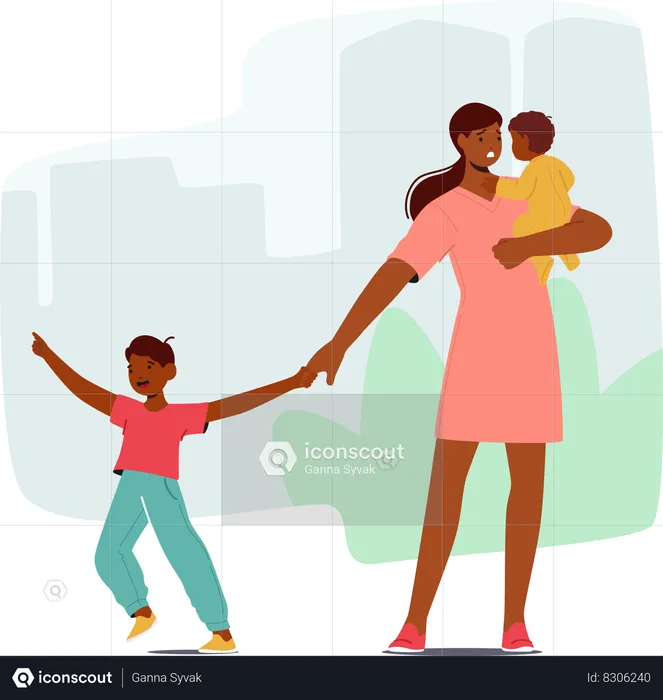 Weary Mother Character Carries Her Sleepy Baby on Hands and Holding Older Child on Bustling City Street  Illustration