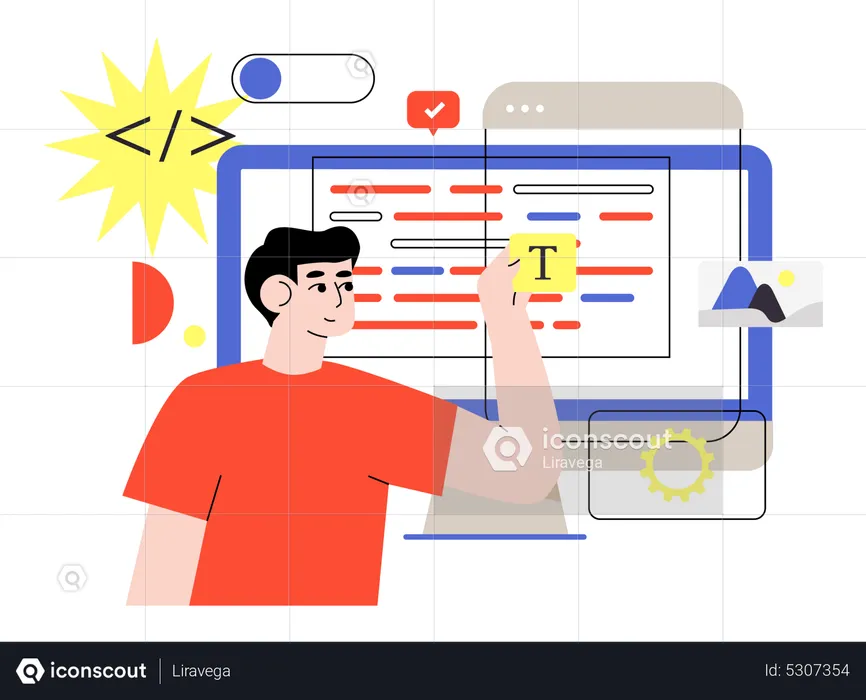 Web designer masculino trabalhando no projeto  Ilustração