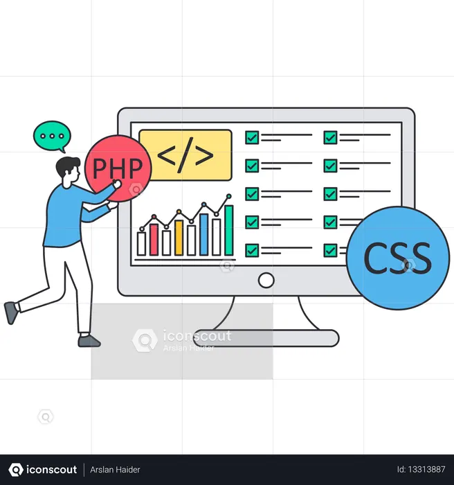 Web developer coding with PHP and CSS on a computer screen showing a data analysis graph and a completed task list  Illustration