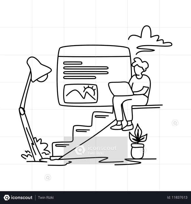 デスクでコーディングするWeb開発者の男性  イラスト