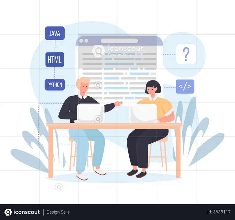 Web developers discuss about multiple programming languages at office  Illustration