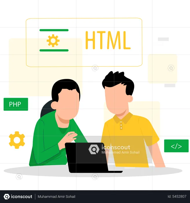 Web developers working on laptop  Illustration