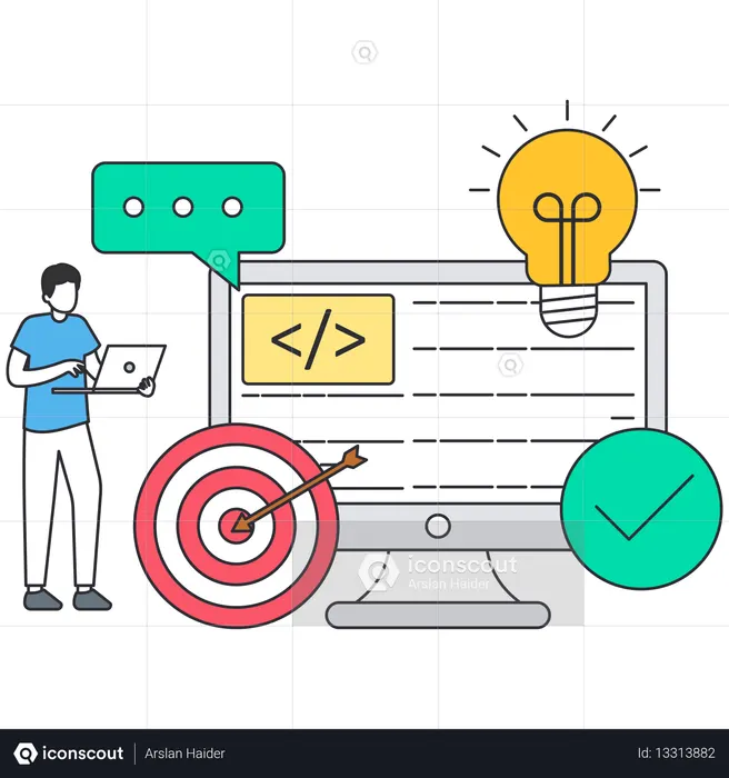 Web development process with programmer coding on computer idea lightbulb and business goal target for project management  Illustration