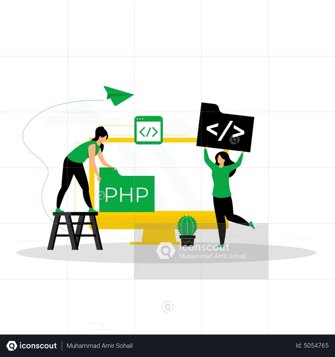 Web development team working on PHP code  Illustration