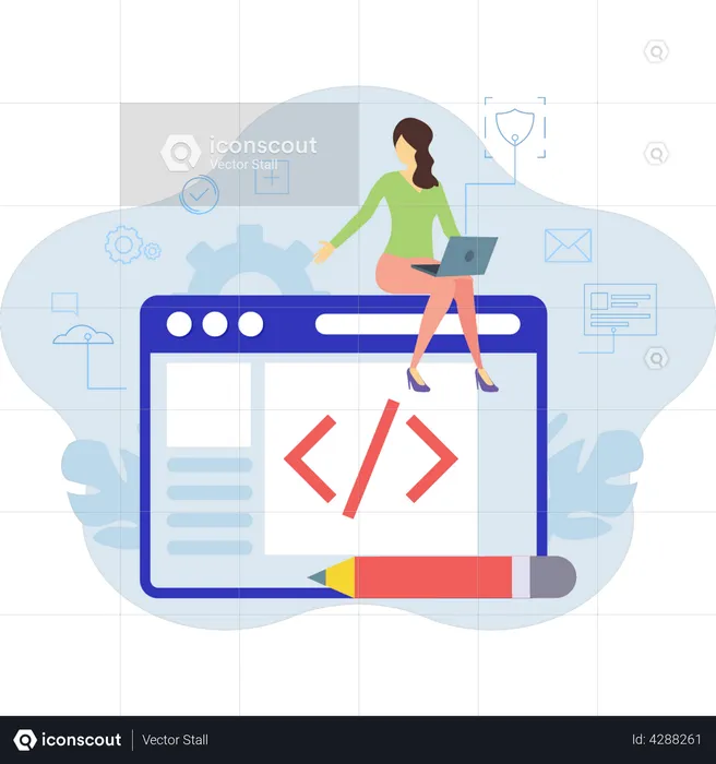Webpage coding by female developer  Illustration