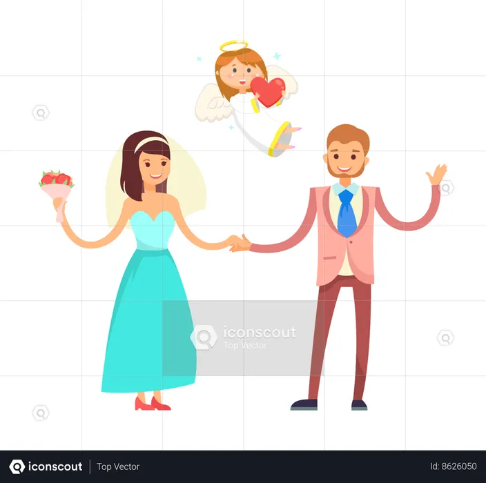 Wedding couple and cute angel  Illustration