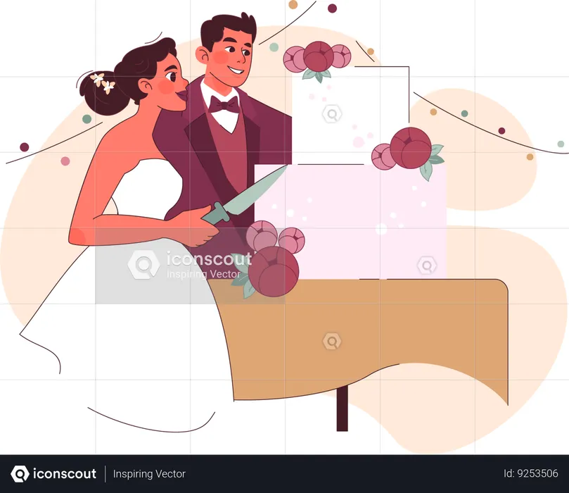 Wedding couple cutting wedding cake  Illustration