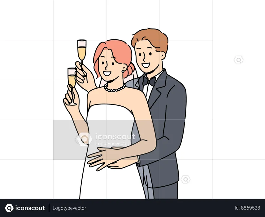 Wedding couple drinks wine together  Illustration