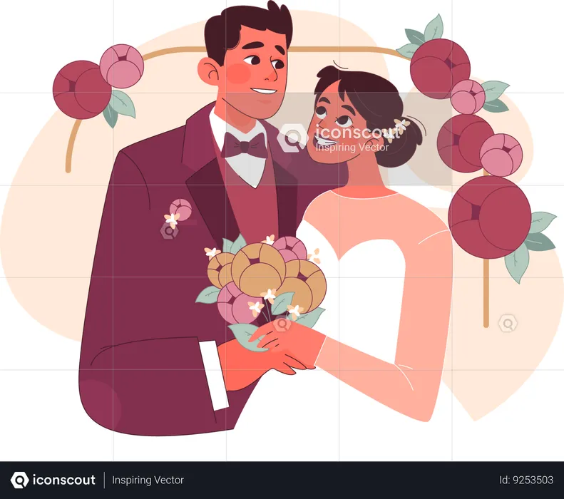 Wedding couple standing together with flower bouquet  Illustration