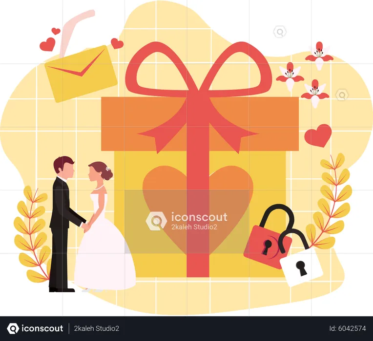 Wedding Couple With Gift  Illustration