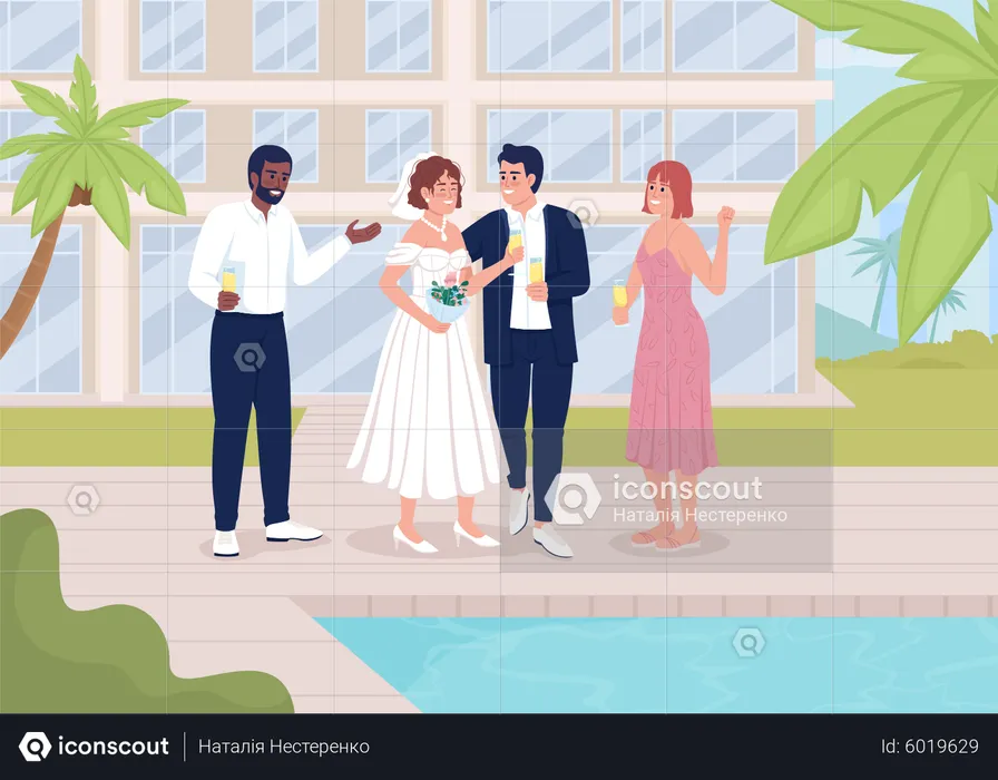 Wedding party near swimming pool  Illustration