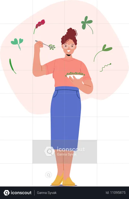 Weibliche Figur hält Schüssel mit Micro Greens  Illustration