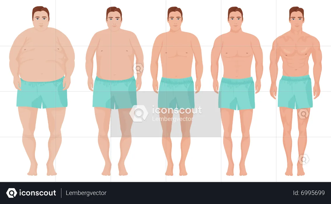 Weight Loss Stages of Obese Man  Illustration