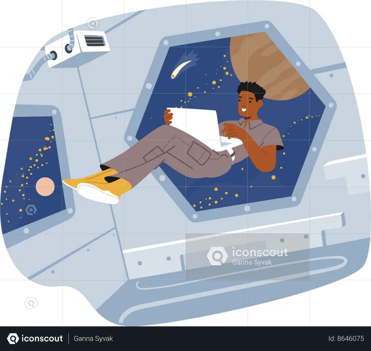 Weightless Astronaut Floats With Laptop In Spaceship  Illustration