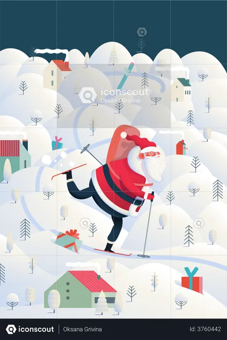 Weihnachtsmann beim Skifahren  Illustration