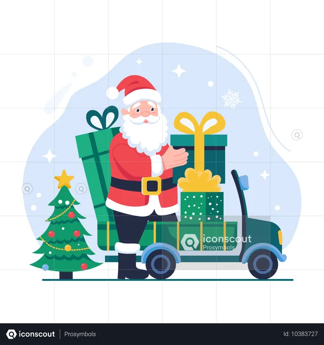 Weihnachtsmann fährt Auto mit Geschenken  Illustration