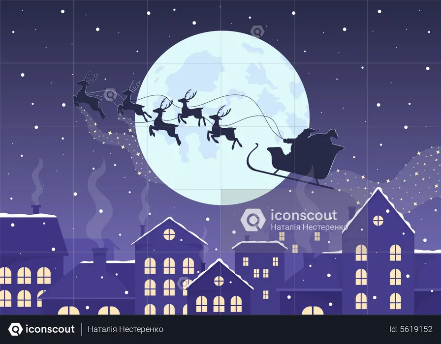 Weihnachtsmann-Schlittensilhouette über der nächtlichen Stadtlandschaft  Illustration