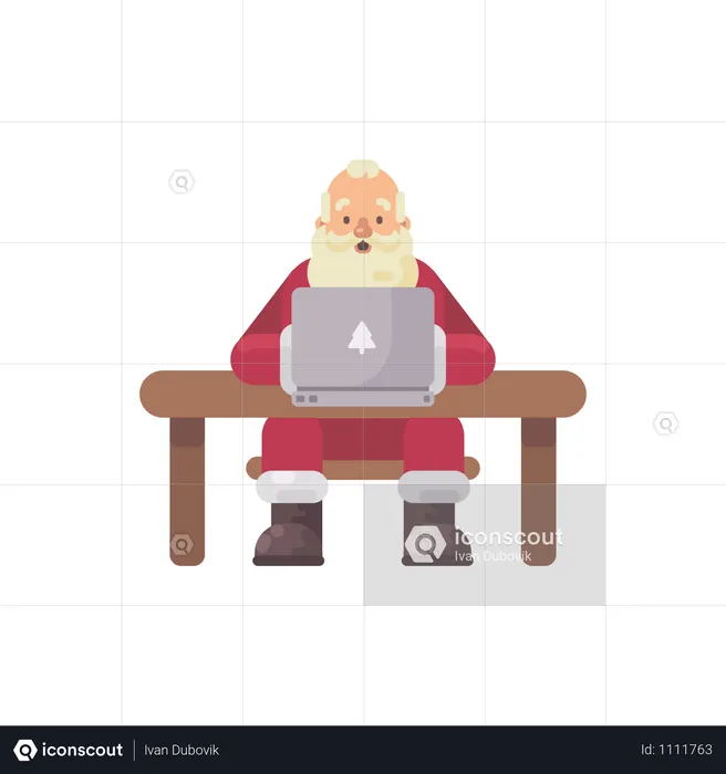 Der Weihnachtsmann sitzt an seinem Schreibtisch und liest E-Mails auf einem Laptop  Illustration