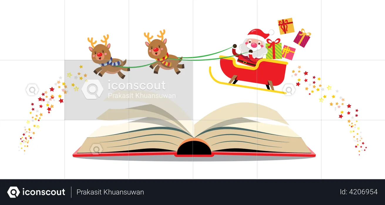 Weihnachtsmann und Rentier fahren einen Schlitten, um Weihnachtsgeschenke zu verschicken  Illustration