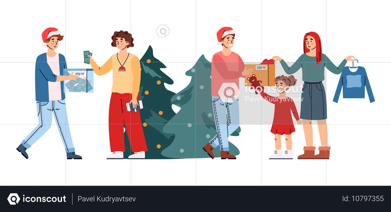 Weihnachtsspendenszene mit glücklichen Menschen, die Weihnachtsgeschenke verteilen  Illustration