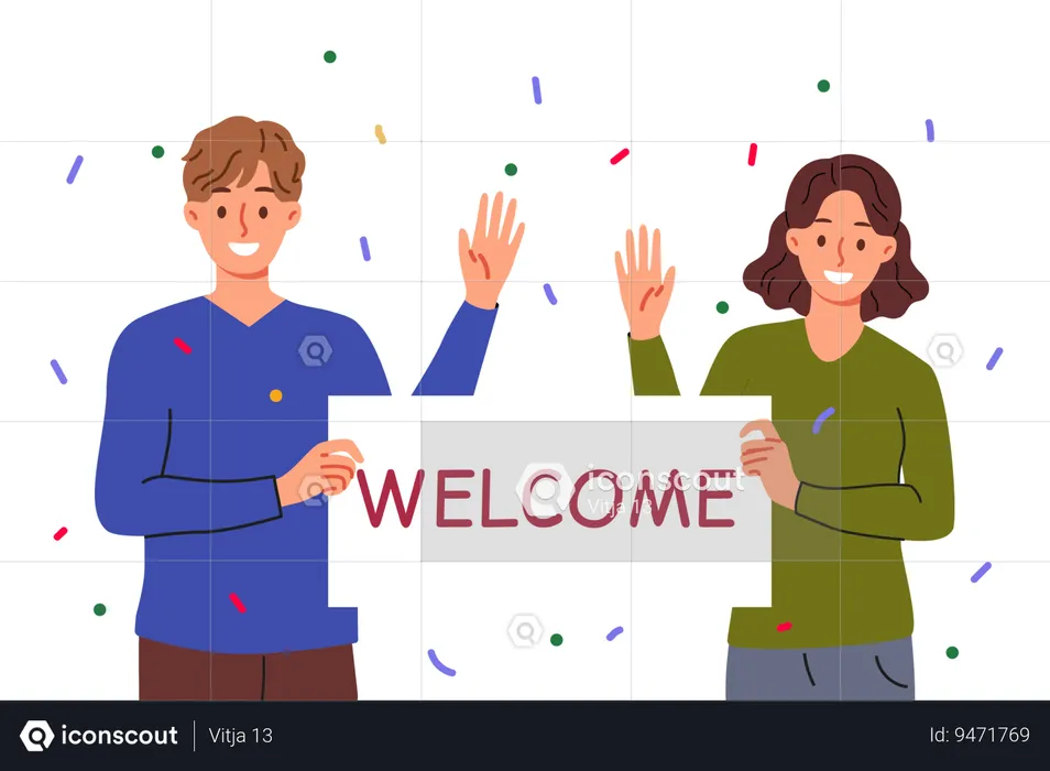 Welcome banner in hands man and woman waving hand in greeting and inviting guests to festival  Illustration