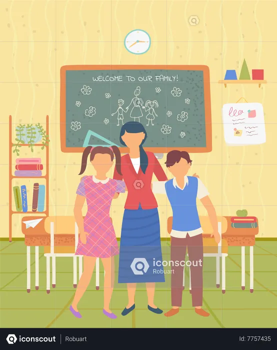 Welcome To School Teacher And Pupils In Classroom  Illustration