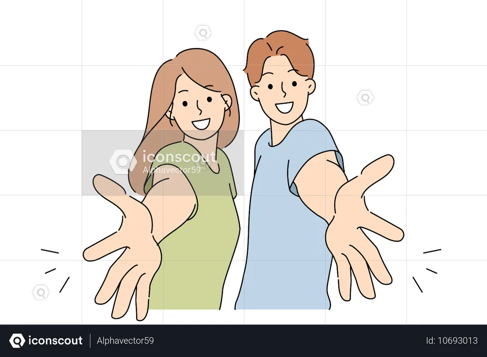 Welcoming gesture made by man and woman inviting you to visit or wanting to hug friends  Illustration