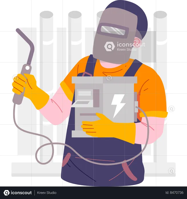 Welder carrying portable welding machine and doing work  Illustration